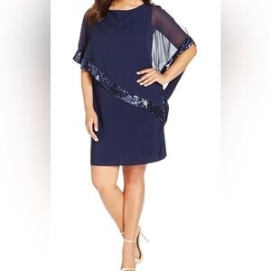 Xscape * Sequin Capelet Sheer Overlay Mini Dress,  Navy Blue, Size 8